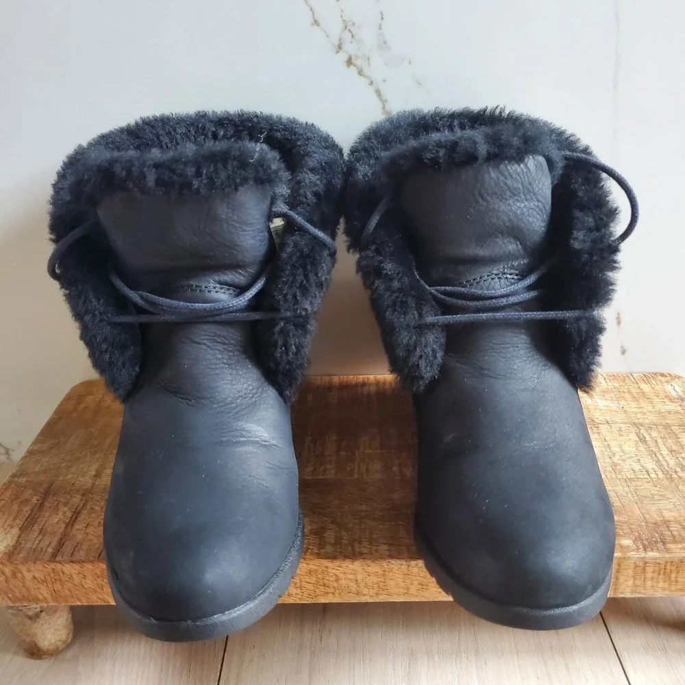 UGG Boots Womens 7 Black Suede Jeovana Ankle Boot Waterproof Wedge Shearling